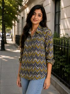 Stylish Chevron Print Button-Up Top