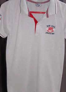 Gray Polo Shirt with Red &amp; Blue Trim