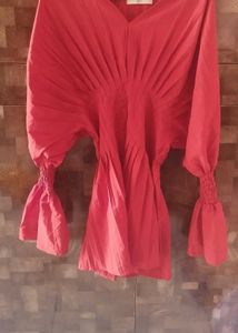 Chic Pleated Red V-Neck dress (New)