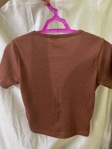 Brown Ribbed V-Neck Crop Top