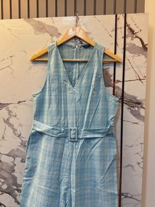 Light Blue Plaid Jumpsuit