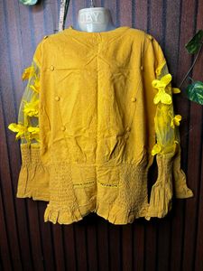 Yellow Kurti with Floral Sleeves