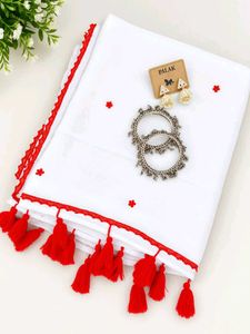 White Saree with Red Embellishments
