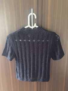 Black Cropped Mesh Knit Top