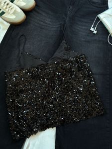 Sparkly Sequin Crop Top with Wide Leg Jeans