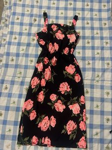 Black Floral Print Midi Dress