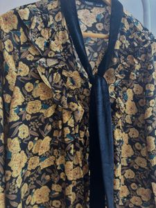 Floral Mustard Top with Velvet Neck Tie