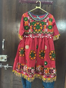 Embroidered Tomato Red Kurta Set with Blue Pants