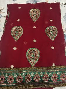 Embroidered Maroon Silk Saree