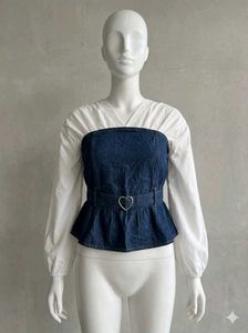 Chic Denim &amp; White Puff Sleeve Top