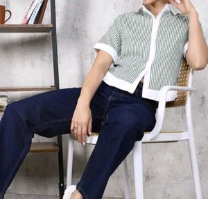 Striped Cropped Button-Up Shirt