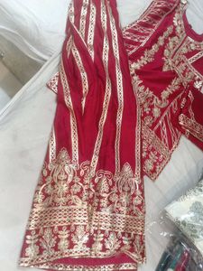 Red Velvet Kurta Set with Golden Embroidery