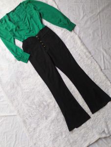 ❤️Chic Green Blouse &amp; Black Flare Pants Set❤️