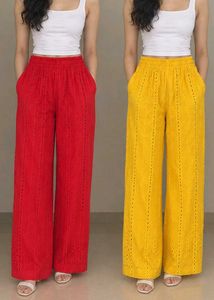 Yellow and Red Wide Leg Textured Pants