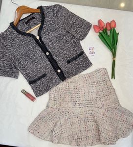 Tweed Cropped Short Sleeve Jacket With Skirt Coord