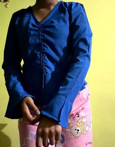 Blue Ruched Long Sleeve Top