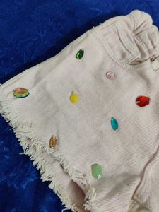 Pink Denim Shorts with Embellishments