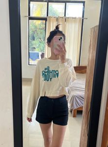 Cream Graphic Print Cropped Sweatshirt