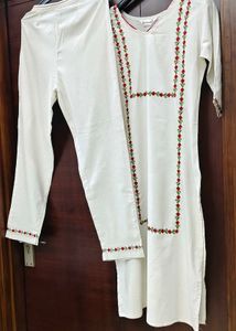 Elegant White Kurta set with Red-Green Embroidery