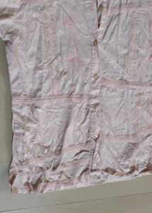 light pink schiffli top with weave and embroidery