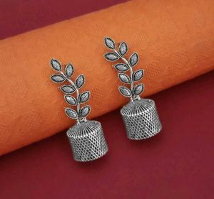 Ethnic Oxidized Silver Leaf Earrings