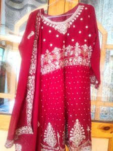 Red Embroidered party wear Kurta Set