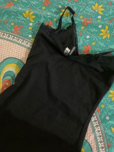 Black Lace Trim Ribbed Slip Dress