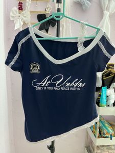 Navy Blue V-Neck Lace Trim Tee (S)