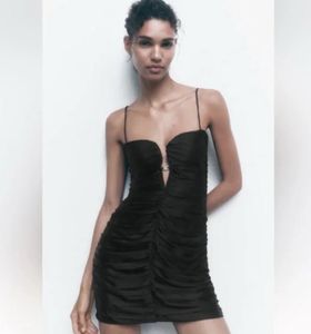 ZARA Little Black Dress Ruched Draped Rhinestone M