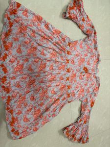 Boho-Chic Grey-Blue &amp; Orange Floral Short Dress wi