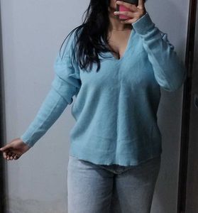 Blue V-Neck Knit Sweater