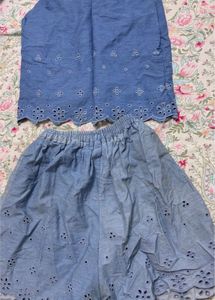 Chic Blue Embroidered Denim Skirt Set