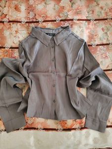 Chic Grey Satin Button-Up Shirt