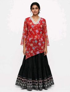 Red Chiffon Floral Asymmetric Top with Lycra Linin