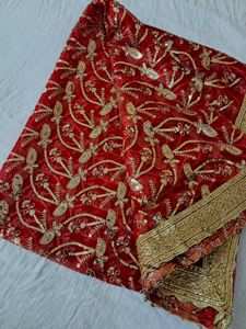 Red Embroidered Dupatta with Sequins