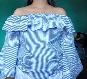 blue striped off shoulder top