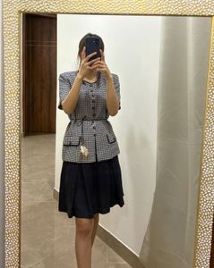Navy Blue &amp; White houndstooth Pleat Dress