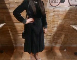 Black Velvet Partywear Dress With Embellished Belt