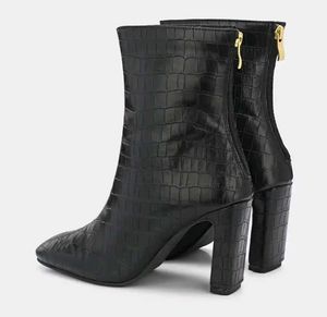 Chic Black Croc Block Heel Ankle Boots