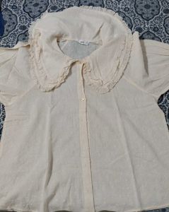 Cream Swiss Dot Ruffle Collar Blouse