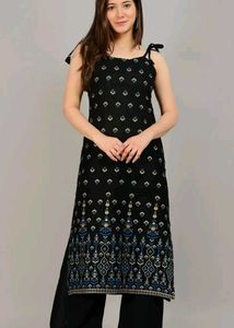 Cute Black Floral Print Strap Kurti