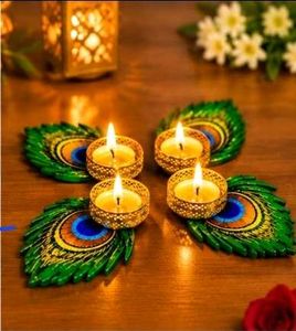 Peacock Feather Diya Set Combo Of  4 pc