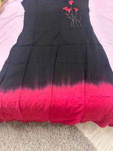 AKS Black Kurta with Red Flower Embroidery