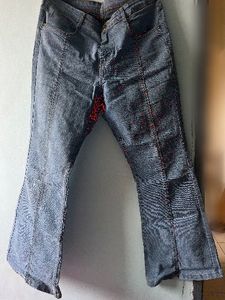 Flared Denim Jeans with Red Stitching
