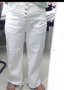 White Button-Fly Wide Leg Jeans