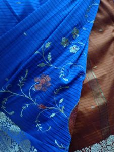 New Royal Blue Embroidered Saree + Blouse piece