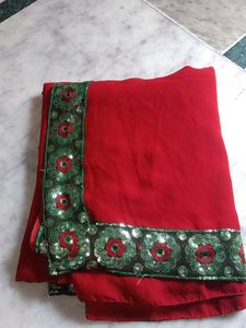Red Saree with Embellished Border