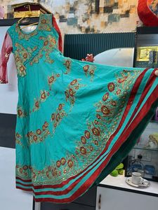 Turquoise &amp; Red Embroidered Anarkali Gown