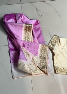 Cream Embroidered Sleeve Blouse and saree