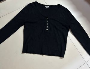 Black Ribbed Henley Long Sleeve Top